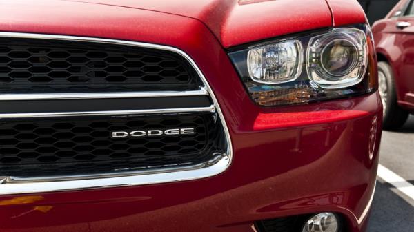 Dodge logo closeup on a Charger